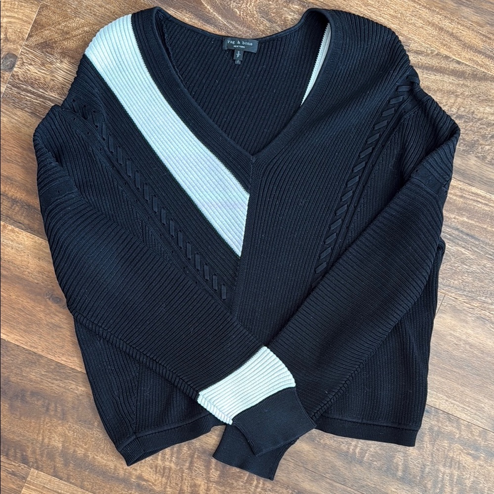 Rag & Bone Black and White V-Neck Sweater with Textured Knit